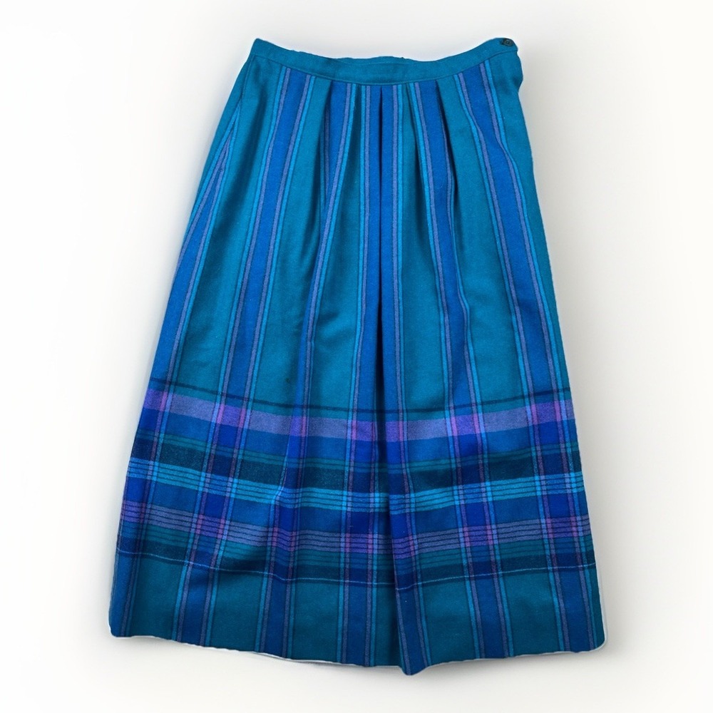 Vintage Pendleton Wool Plaid Pleated Skirt Sz 10 Midi Green Blue Tartan Academia